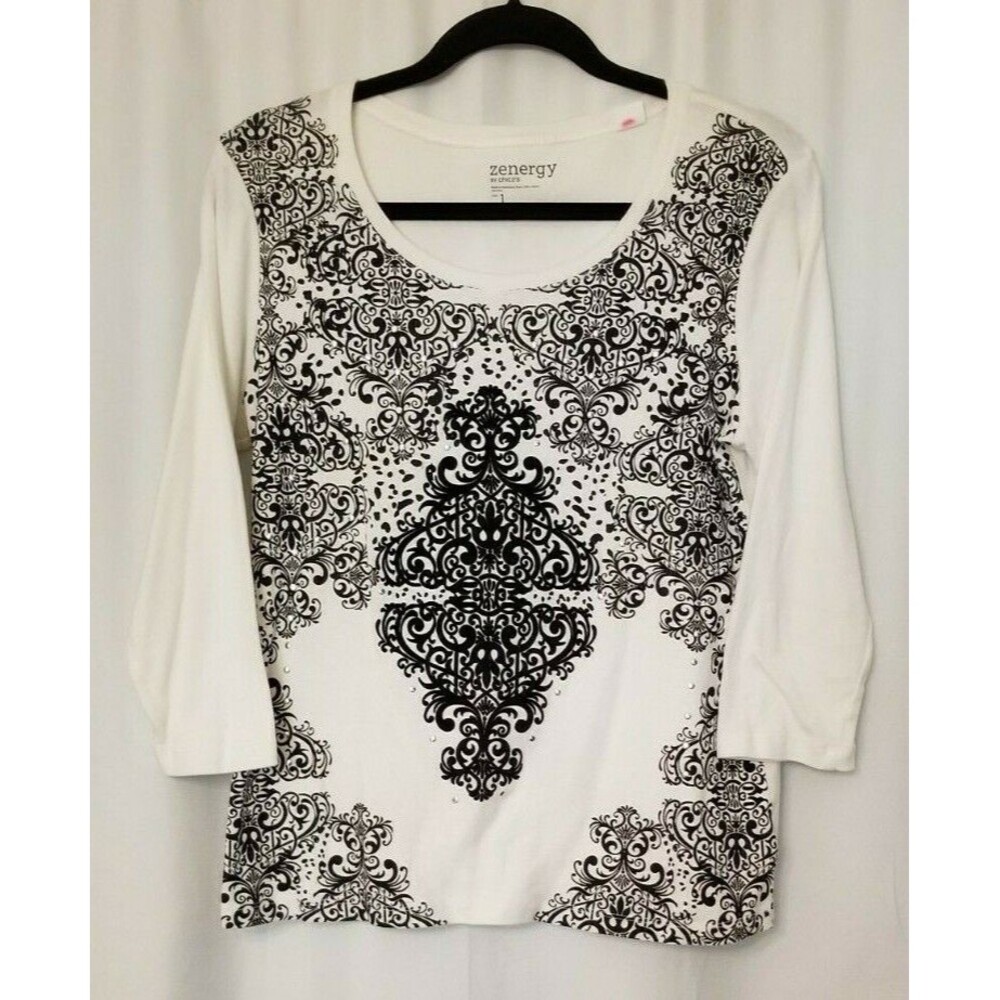 Chico's Zenergy Top Silver Stud Accents 3/4 Sleeve Yoga Activewear Size Medium